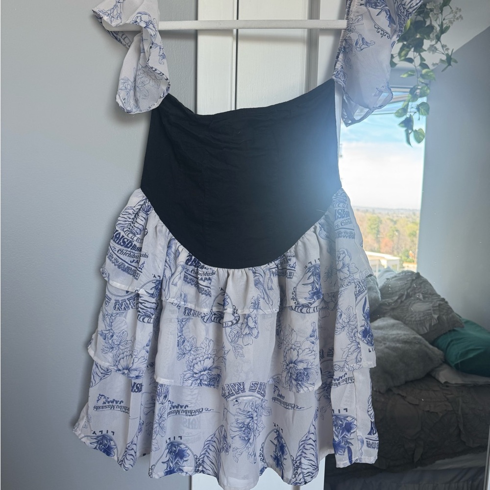Black and White Ruffled ASOS Dress with Blue Print